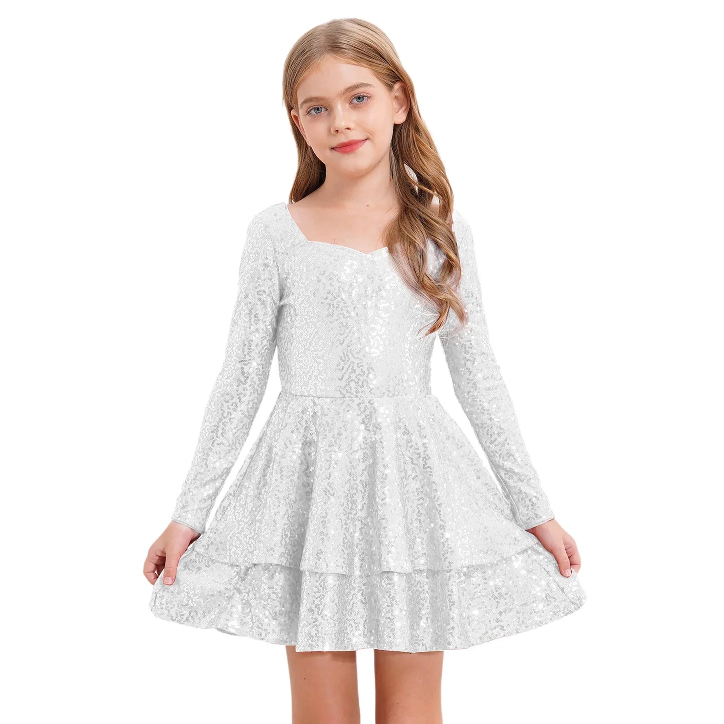 Girls Sequin Long Sleeve Double Layer Hemline Dress (Age 6-14 YRS)