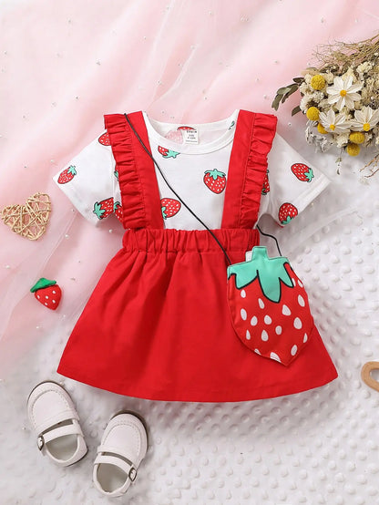Baby Girls Strawberry Print Top & Red Cotton Dress & Bag Set (Age 6M-3YRS)