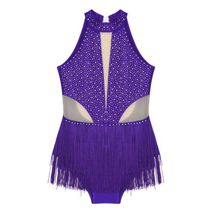 Girls Dance Costume Sleeveless Rhinestone Tassel Leotard (Age 6-16 YRS)