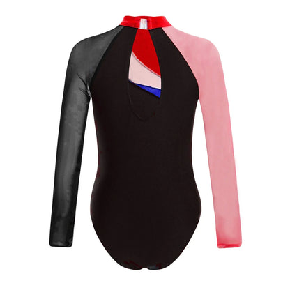 Girls Ballet Dance Leotard Gymnastics  Rhinestones Sheer Mesh Long Sleeve (Age 4-16 YRS)