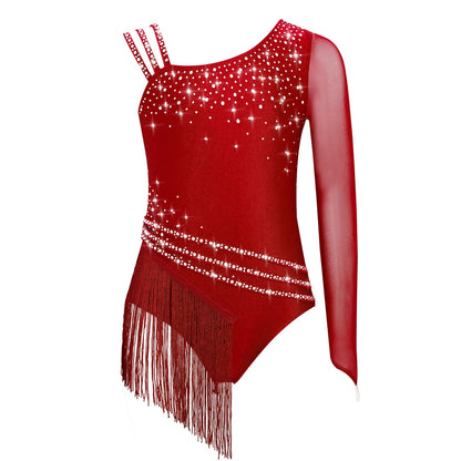 Girls Figure Skating Rhinestone Irregular Tassel Bodysuit Leotard (Age  6-16YRS)