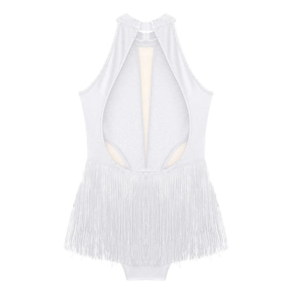 Girls Dance Costume Sleeveless Rhinestone Tassel Leotard (Age 6-16 YRS)