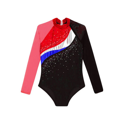 Girls Ballet Dance Leotard Gymnastics  Rhinestones Sheer Mesh Long Sleeve (Age 4-16 YRS)