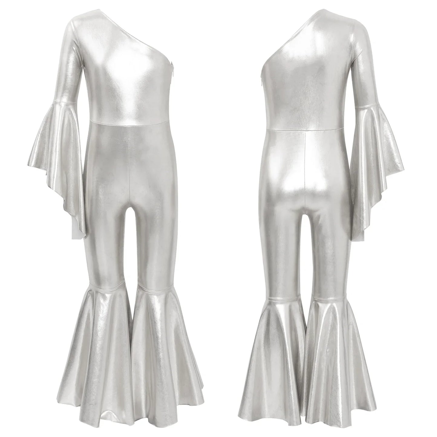 Girls Dance Metallic One Shoulder Bell-Bottom Jumpsuit (Age 6-16YRS)