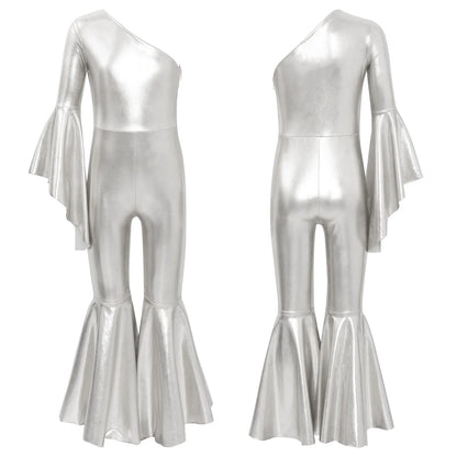 Girls Dance Metallic One Shoulder Bell-Bottom Jumpsuit (Age 6-16YRS)