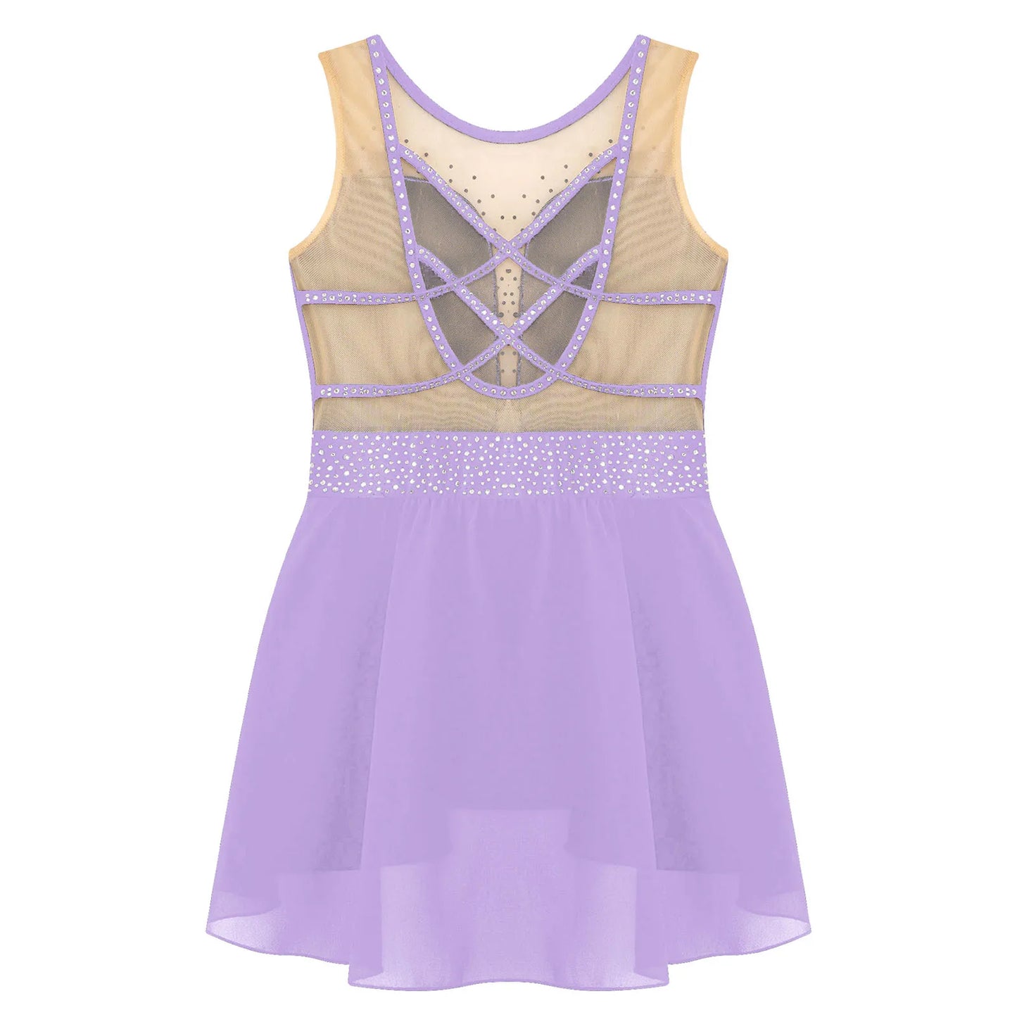 Rhinestone Gymnastics Figure Skating Dress for Teen Girls Sleeveless Sheer Mesh Tutu Ballet Leotard Lyrical Performance Costume