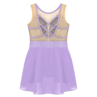 Rhinestone Gymnastics Figure Skating Dress for Teen Girls Sleeveless Sheer Mesh Tutu Ballet Leotard Lyrical Performance Costume
