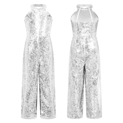 Girls Dance Sequin Sleeveless Halter Jumpsuit (Age 6-14YRS)