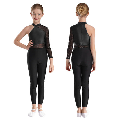 Girls Gymnastics Rhinestones Sheer Mesh Jumpsuit (Age 6-16 YRS)