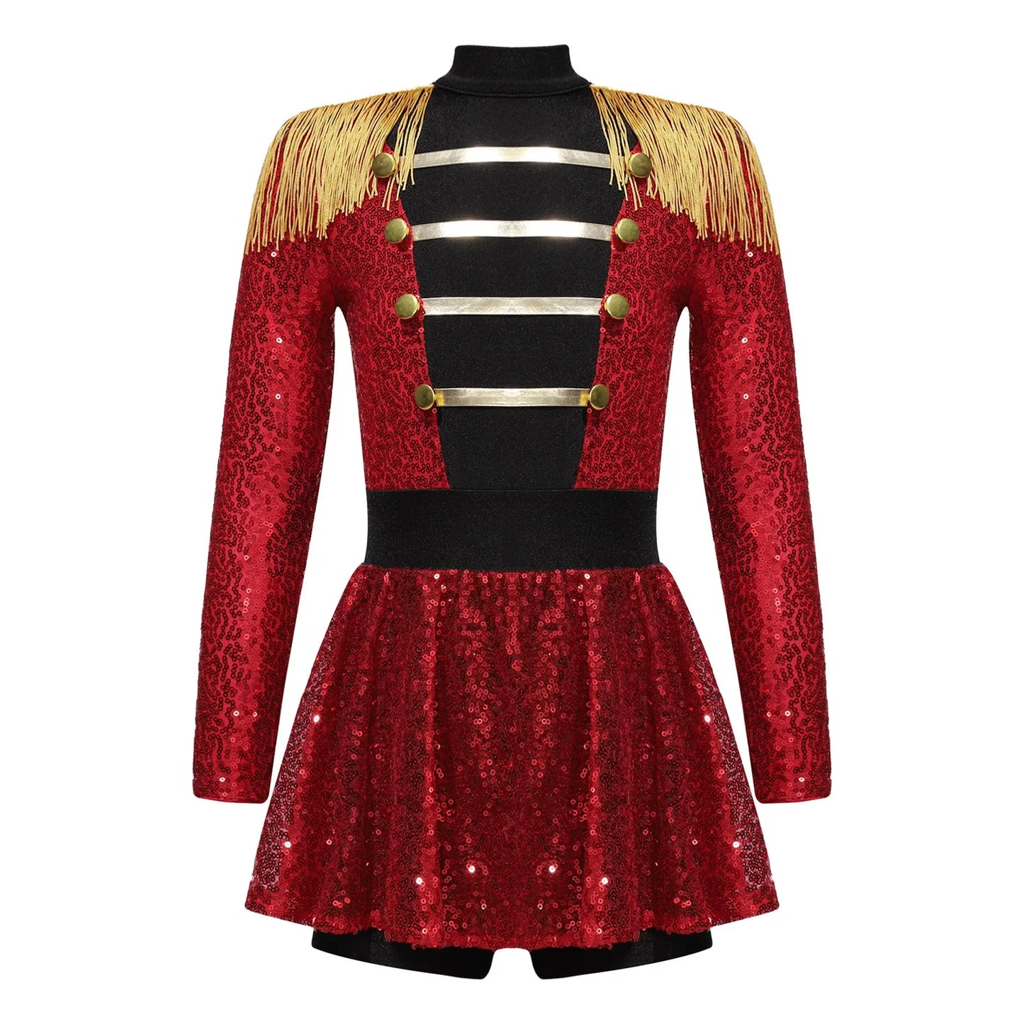 Girls Halloween Circus Ringmaster  Costume Long Sleeve Sequin Leotard Dress (Age 6-14YRS)