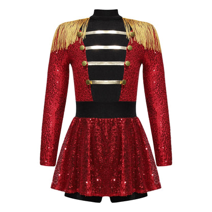 Girls Halloween Circus Ringmaster  Costume Long Sleeve Sequin Leotard Dress (Age 6-14YRS)