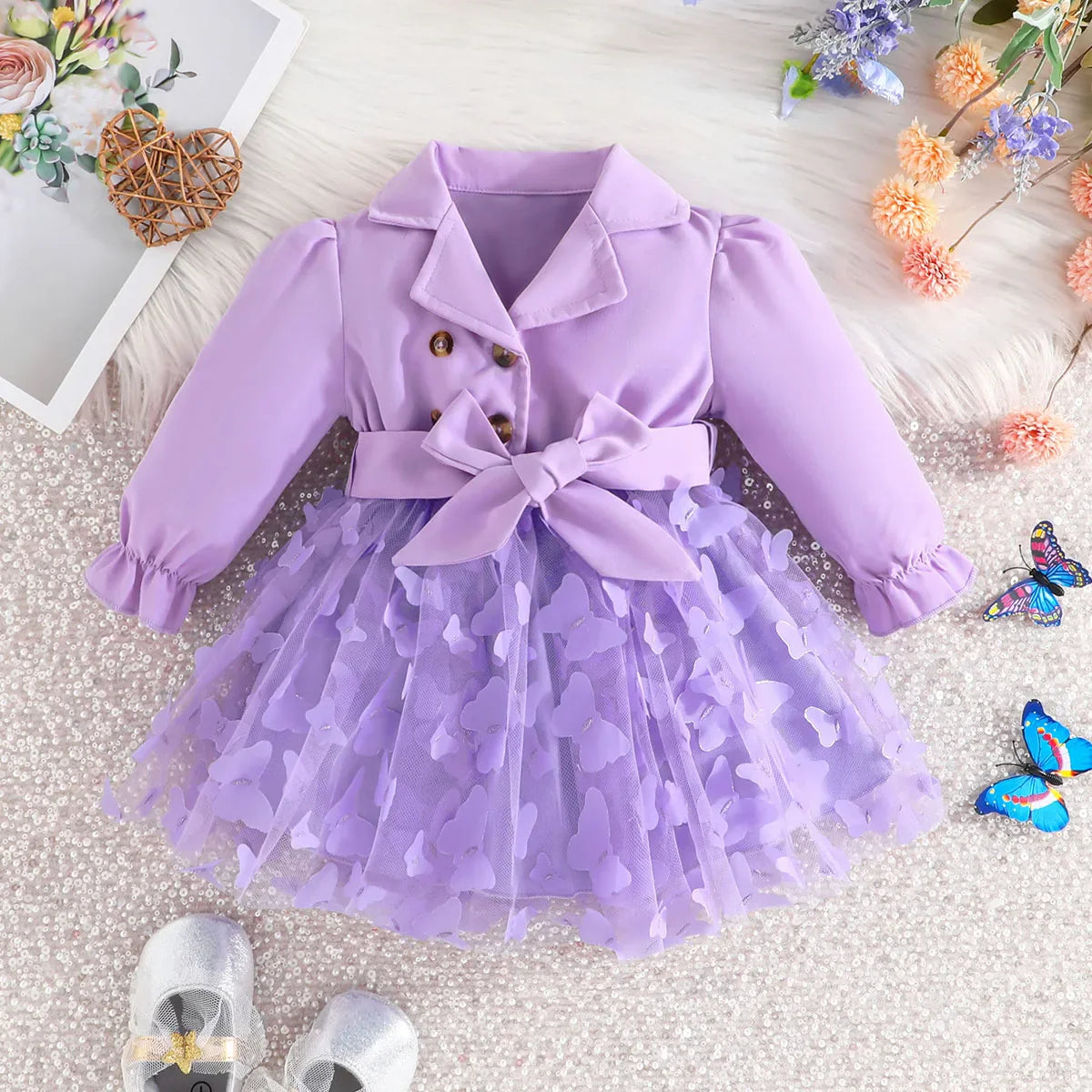 Baby Girls Long Sleeve Butterfly Embroidered Mesh Dress (Age 3M-24M)