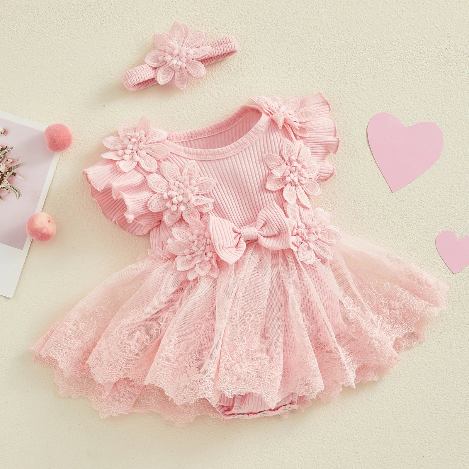 Baby Girls Romper Lace Ruffle Dress & Headband (Age 3-18M)