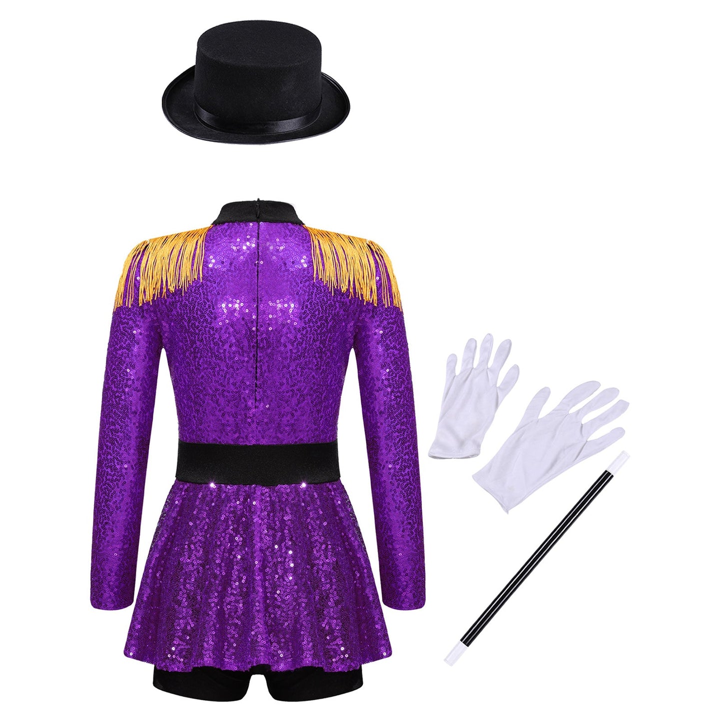 Girls Halloween Circus Ringmaster  Costume Long Sleeve Sequin Leotard Dress (Age 6-14YRS)