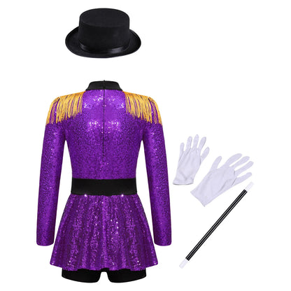 Girls Halloween Circus Ringmaster  Costume Long Sleeve Sequin Leotard Dress (Age 6-14YRS)