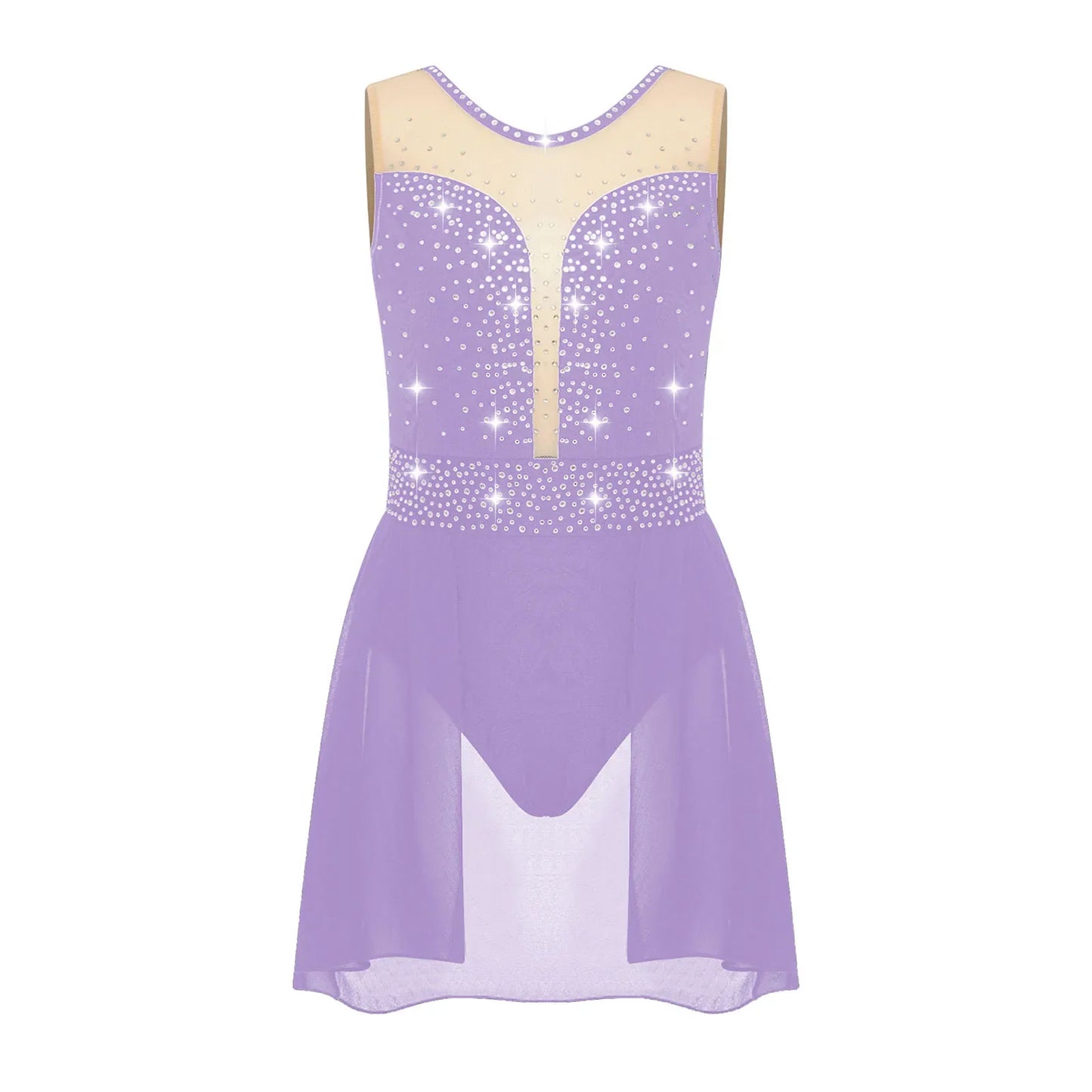 Rhinestone Gymnastics Figure Skating Dress for Teen Girls Sleeveless Sheer Mesh Tutu Ballet Leotard Lyrical Performance Costume