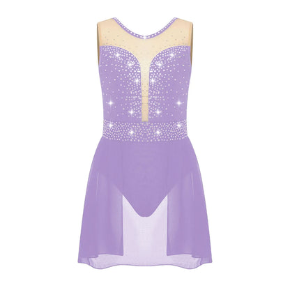 Rhinestone Gymnastics Figure Skating Dress for Teen Girls Sleeveless Sheer Mesh Tutu Ballet Leotard Lyrical Performance Costume
