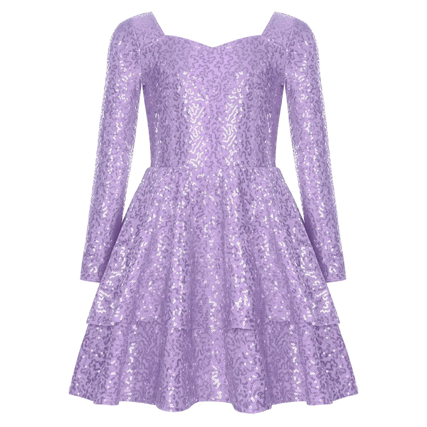 Girls Sequin Long Sleeve Double Layer Hemline Dress (Age 6-14 YRS)