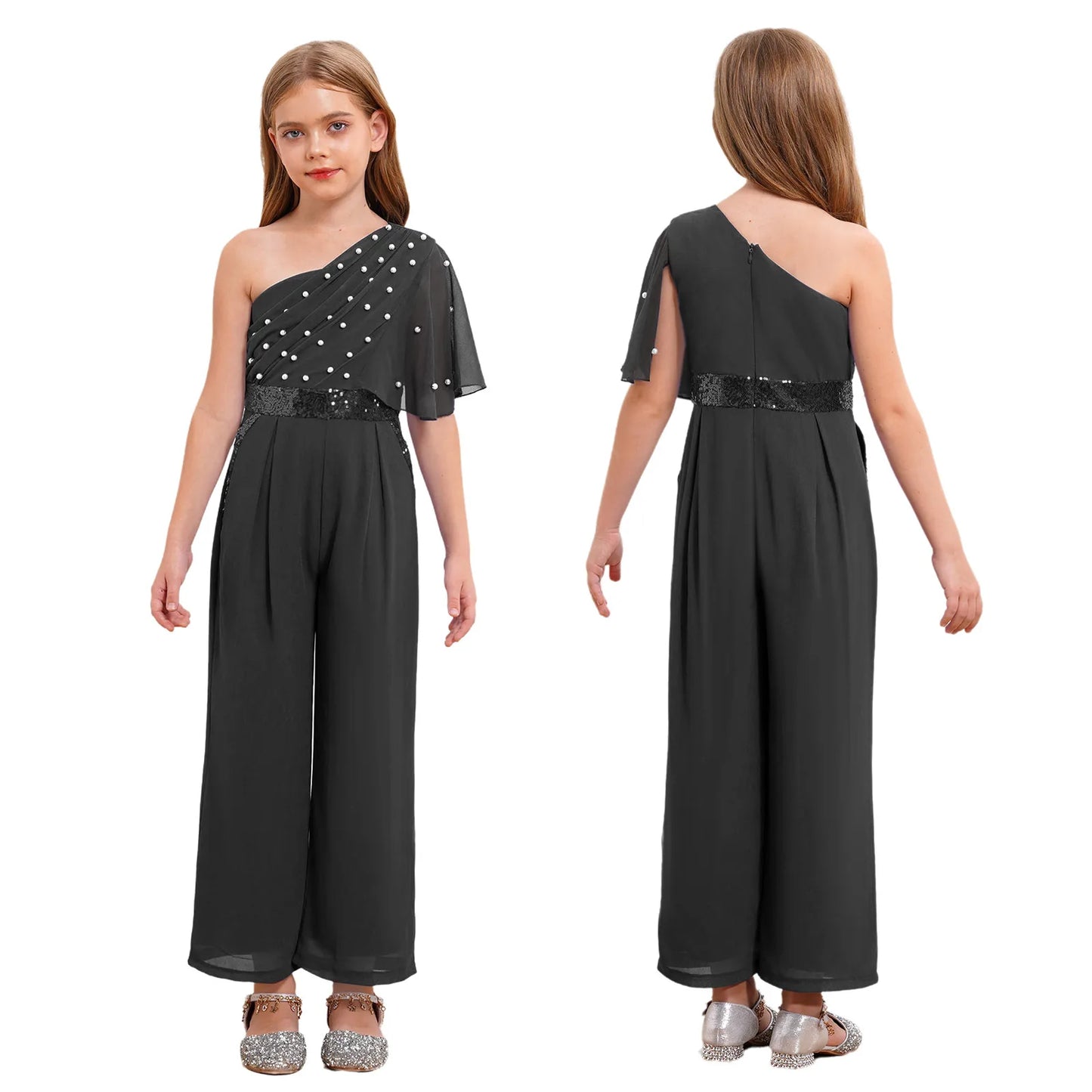 Girls One Shoulder PearlSequin Ruffled Wide Leg Jumpsuit (Age 6-14YRS)