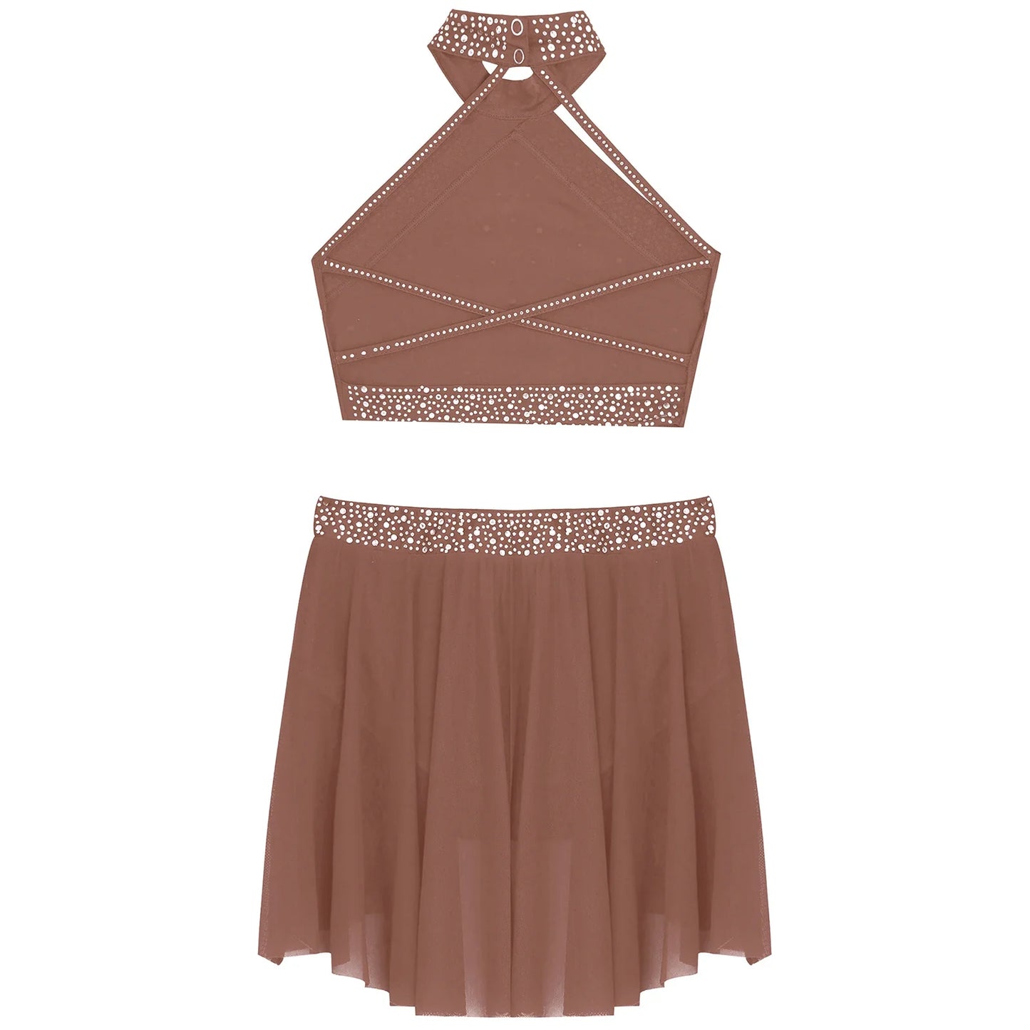 Girls Rhinestones Dance Outfit Tops & Skirt Set (Age 6-16 YRS)