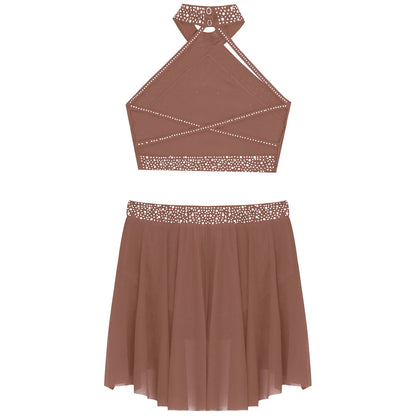 Girls Rhinestones Dance Outfit Tops & Skirt Set (Age 6-16 YRS)