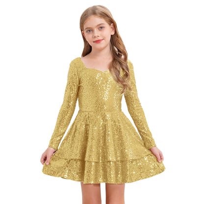 Girls Sequin Long Sleeve Double Layer Hemline Dress (Age 6-14 YRS)