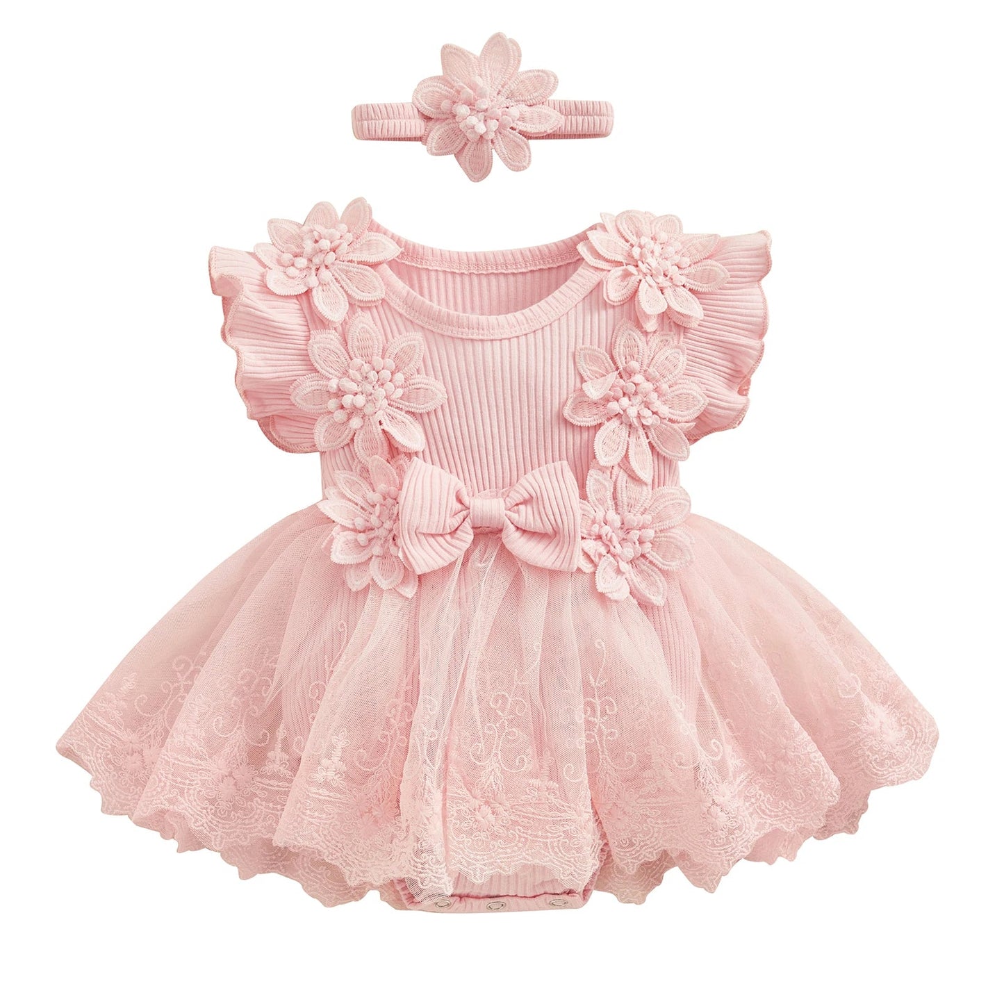 Baby Girls Romper Lace Ruffle Dress & Headband (Age 3-18M) Pink 1