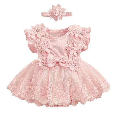 Baby Girls Romper Lace Ruffle Dress & Headband (Age 3-18M) Pink 1