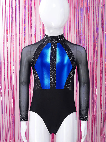 Girls Dance Performance Costume Long Sleeve Rhinestone Leotard (Age 6-16 YRS)