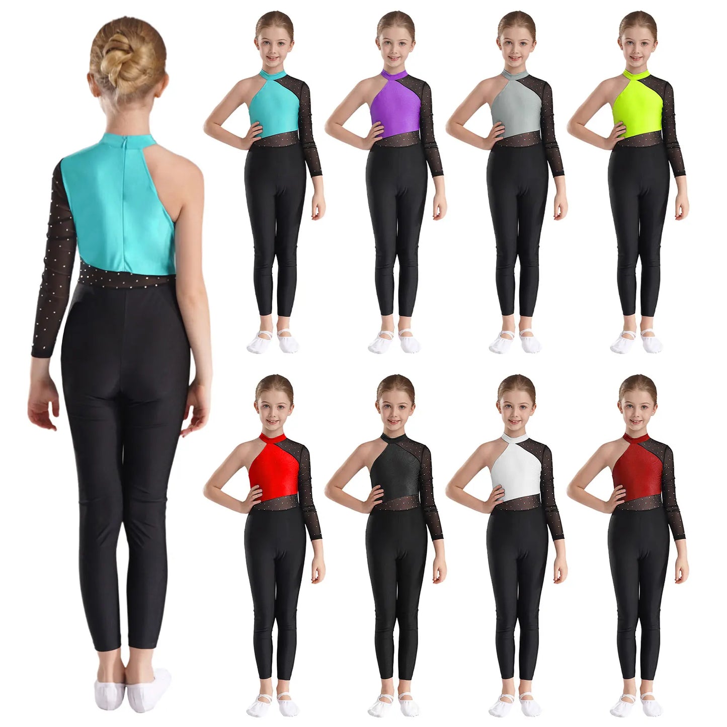 Girls Gymnastics Rhinestones Sheer Mesh Jumpsuit (Age 6-16 YRS)