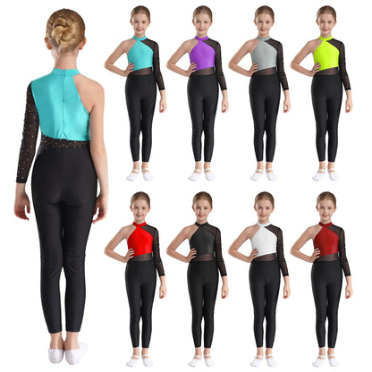 Girls Gymnastics Rhinestones Sheer Mesh Jumpsuit (Age 6-16 YRS)