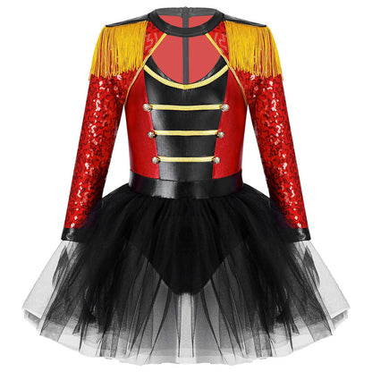 Girls Circus Ringmaster Magician Sequin Leotard Tutu Dress Costume (Age 6-16 YRS)
