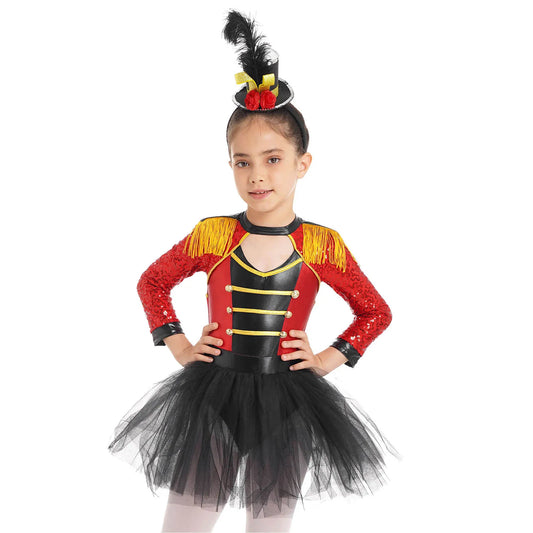 Girls Circus Ringmaster Magician Sequin Leotard Tutu Dress Costume (Age 6-16 YRS)