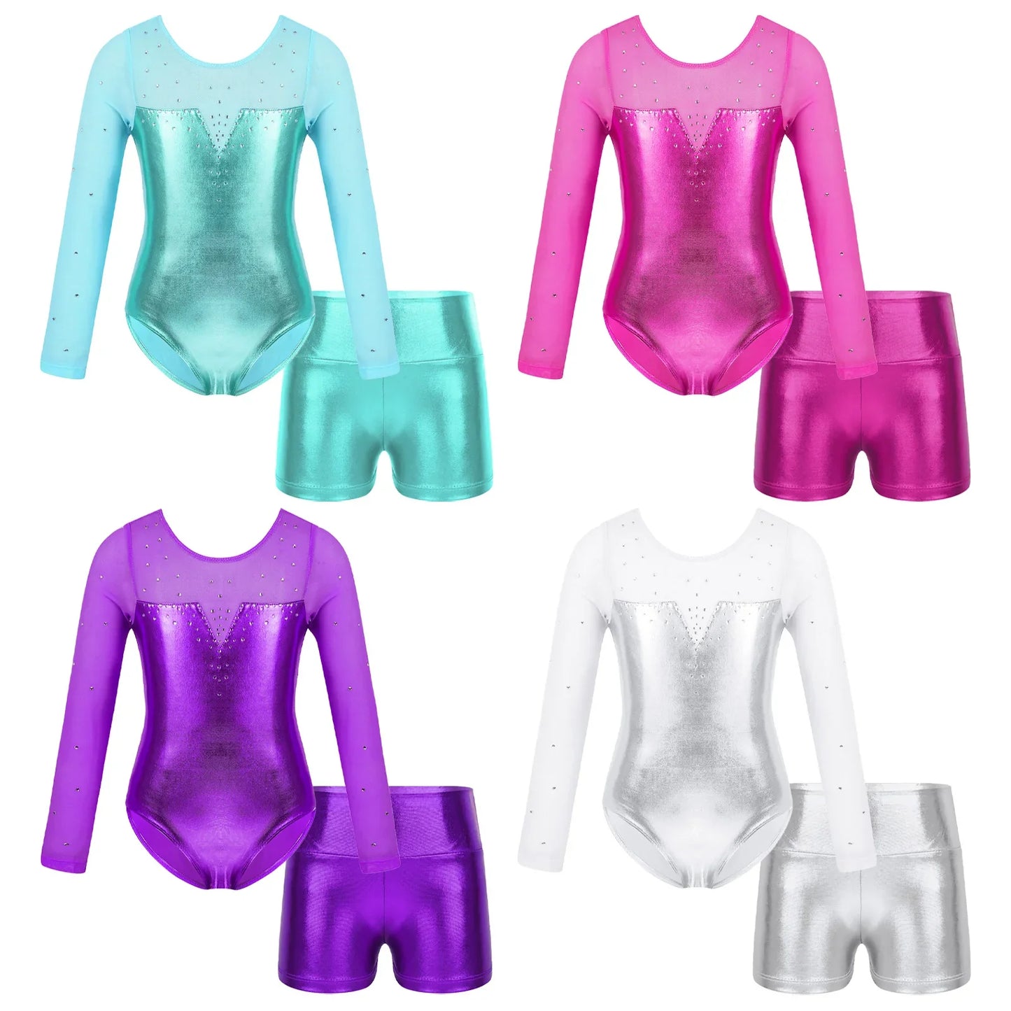 Girls Rhinestone Metallic Dance Bodysuit & Shorts Set (Age 4-12 YRS)