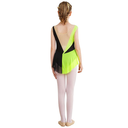 Rhinestone Gymnastics Figure Skating Dress for Teen Girls Sleeveless Sheer Mesh Tutu Ballet Leotard Lyrical Performance Costume