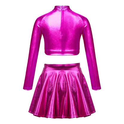 Girls Dance Metallic Long Sleeve Sequin Crop Top & Skirt (Age 6-14YRS)