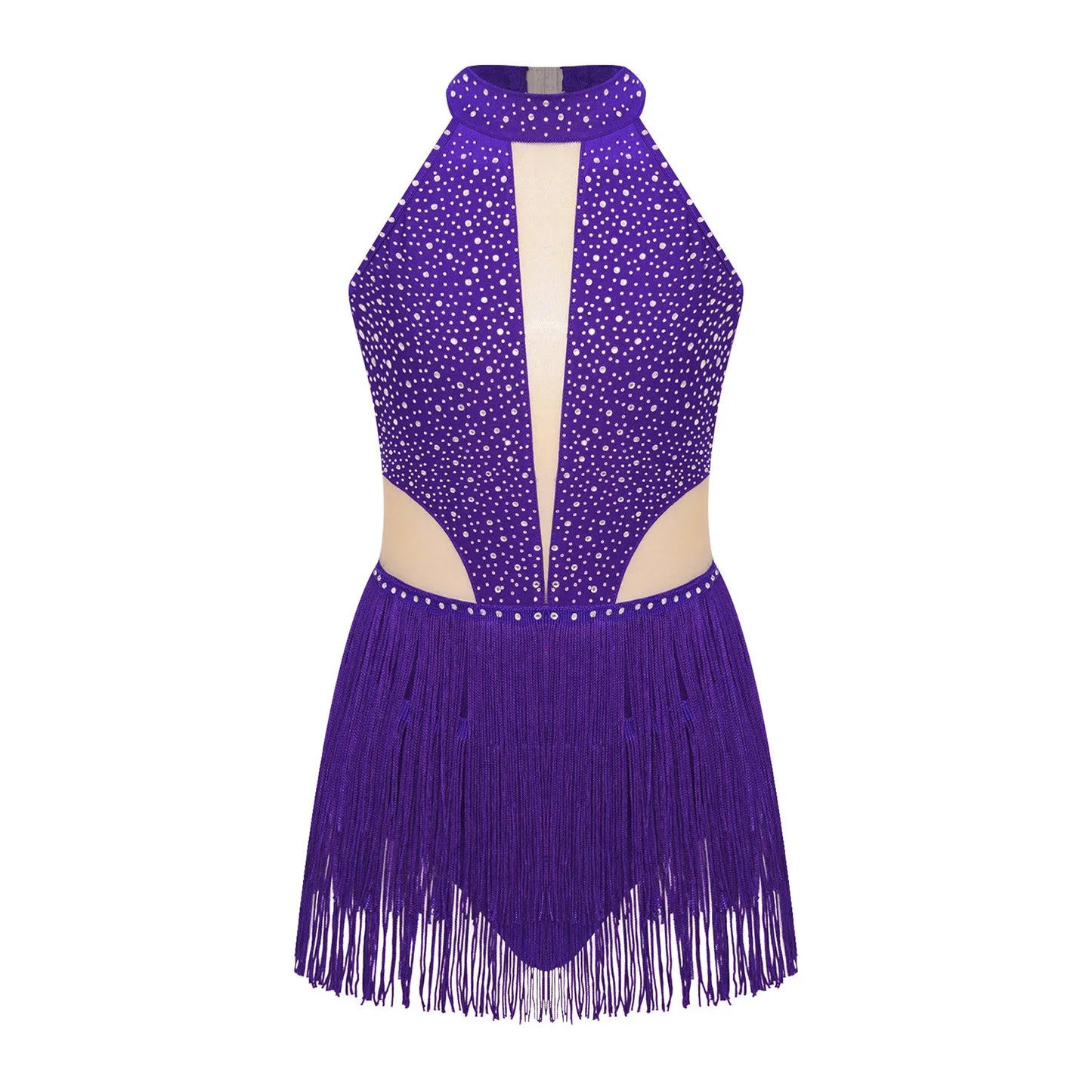 Girls Dance Costume Sleeveless Rhinestone Tassel Leotard (Age 6-16 YRS)