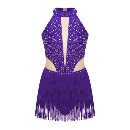 Girls Dance Costume Sleeveless Rhinestone Tassel Leotard (Age 6-16 YRS)