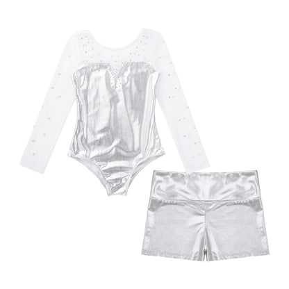 Girls Rhinestone Metallic Dance Bodysuit & Shorts Set (Age 4-12 YRS)