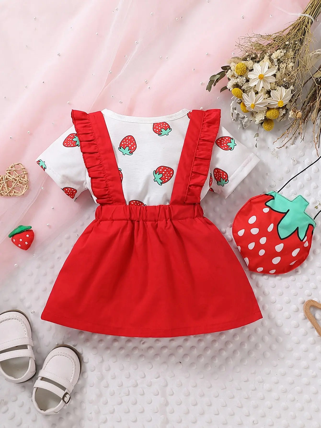 Baby Girls Strawberry Print Top & Red Cotton Dress & Bag Set (Age 6M-3YRS)