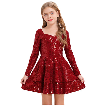 Girls Sequin Long Sleeve Double Layer Hemline Dress (Age 6-14 YRS)