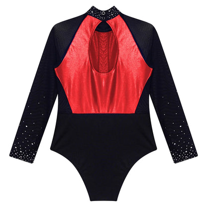 Girls Dance Performance Costume Long Sleeve Rhinestone Leotard (Age 6-16 YRS)