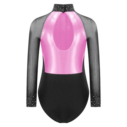 Girls Dance Performance Costume Long Sleeve Rhinestone Leotard (Age 6-16 YRS)