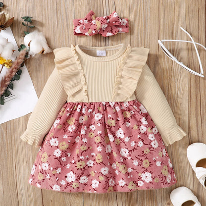 Baby Girls Ribbed Ruffle Long-sleeve Floral Print Dress (Age 3M-3YRS)