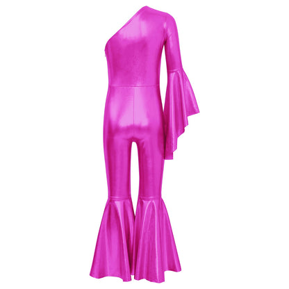 Girls Dance Metallic One Shoulder Bell-Bottom Jumpsuit (Age 6-16YRS)
