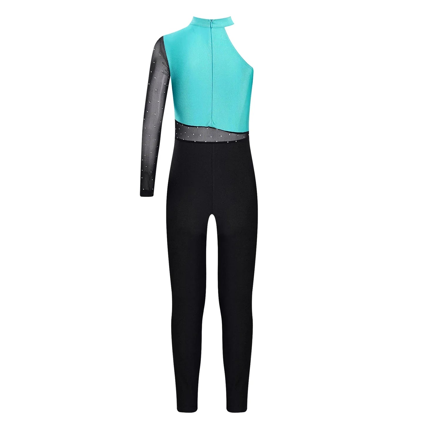 Girls Gymnastics Rhinestones Sheer Mesh Jumpsuit (Age 6-16 YRS)