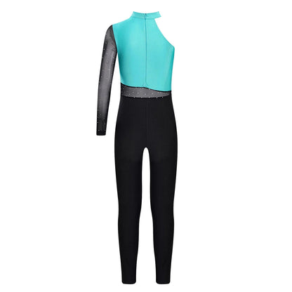 Girls Gymnastics Rhinestones Sheer Mesh Jumpsuit (Age 6-16 YRS)