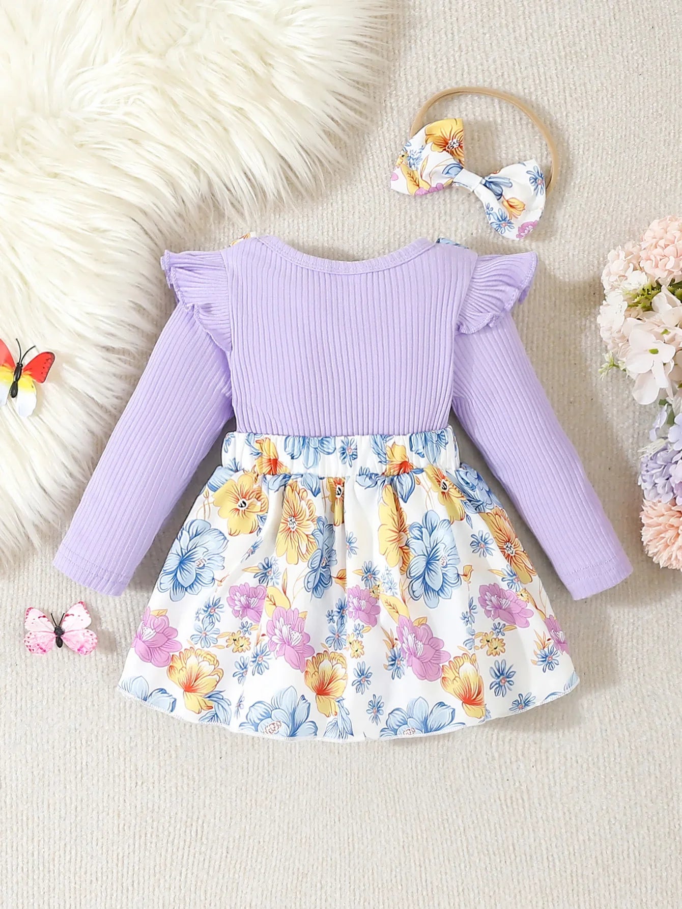 Baby Girls Floral Print Small Flying Sleeve Dress & Bodysuit & Headband (Age Newborn-18M)