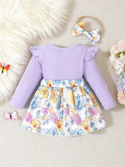 Baby Girls Floral Print Small Flying Sleeve Dress & Bodysuit & Headband (Age Newborn-18M)