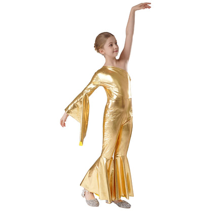 Girls Dance Metallic One Shoulder Bell-Bottom Jumpsuit (Age 6-16YRS)